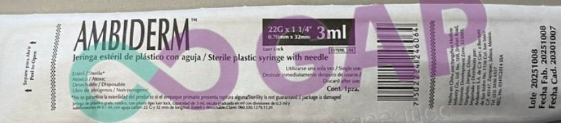 JERINGA 3 ML AMBIDERM C/AGUJA 22GX32MM 1 PZA NEGRA