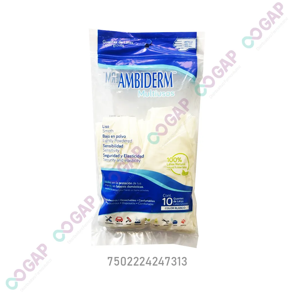 GUANTE DE LATEX AMBIDERM NO ESTERIL BOLSA C/10 PZAS