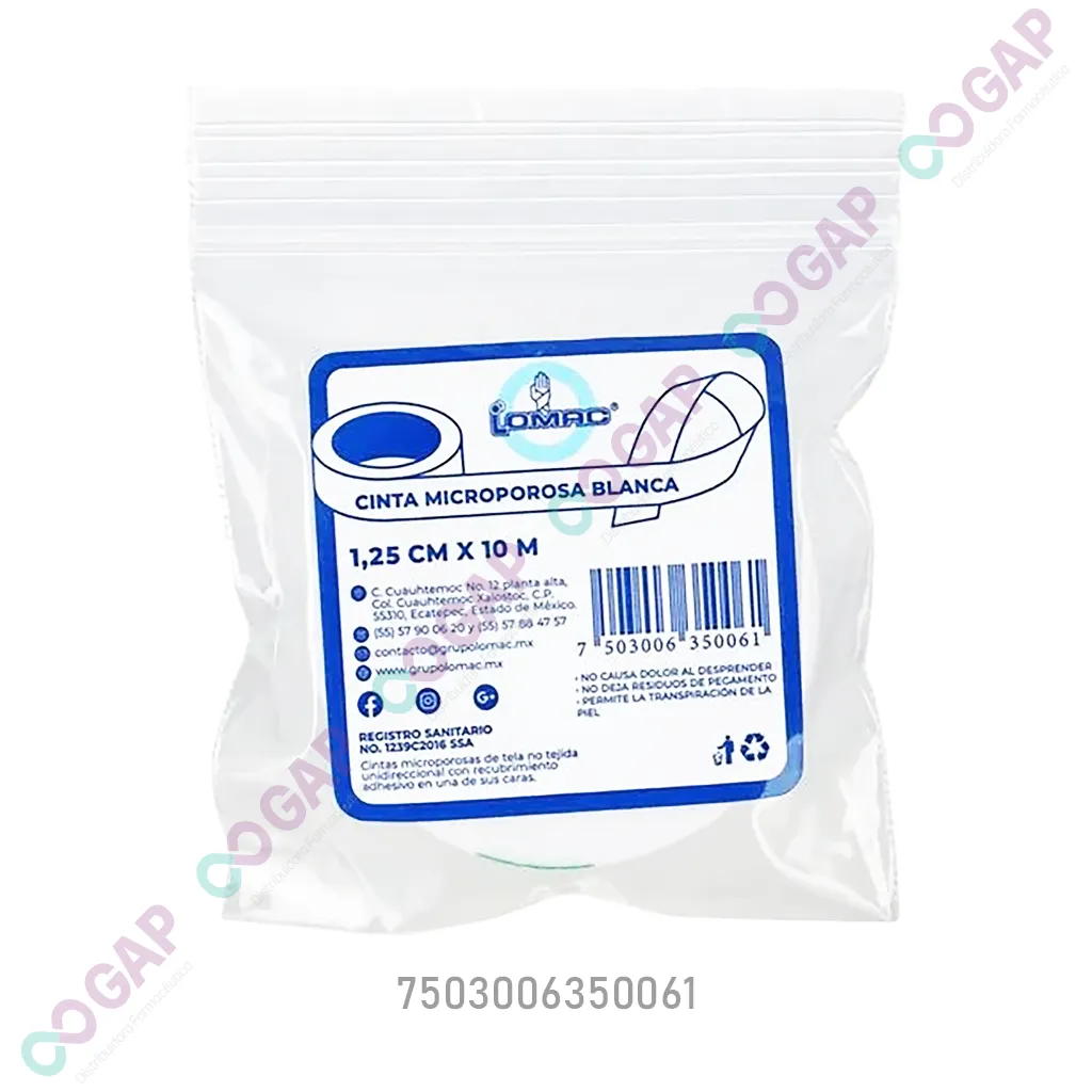 CINTA MICROPOROSA BLANCA 1.25CMx 10MLOMAC