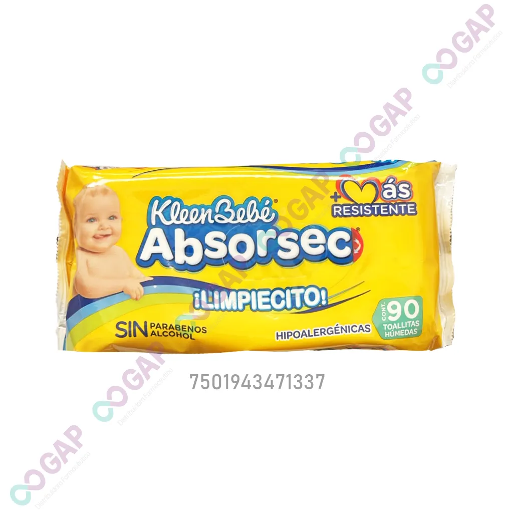 TOALLITAS HUMEDAS KLEEN BEBE ABSORSEC BOLSA C/90 PIEZAS